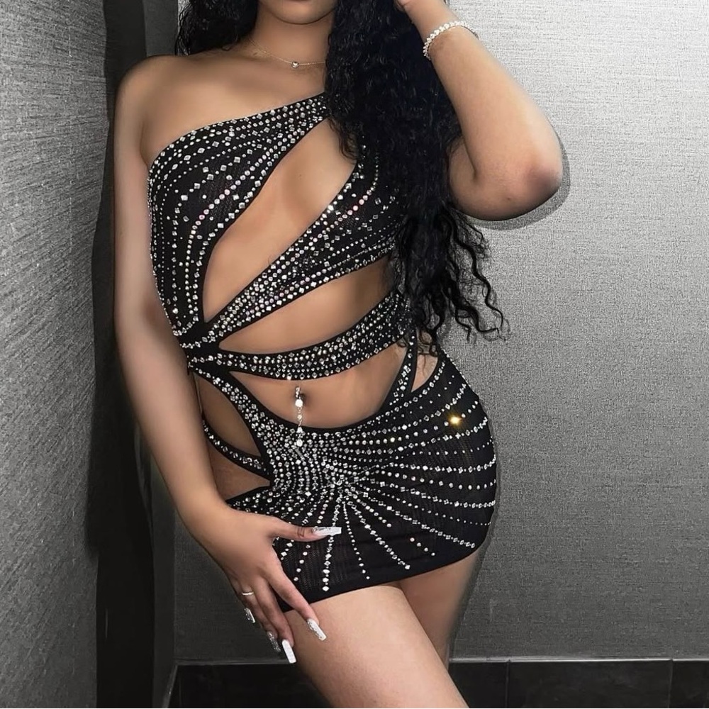 Fashion Nova Black One-Shoulder Cutout Rhinestone Mini Dress